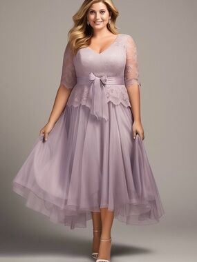 V-Neck Lace & Tulle Midi Dress in Dusty Lilac with Satin Waist Tie